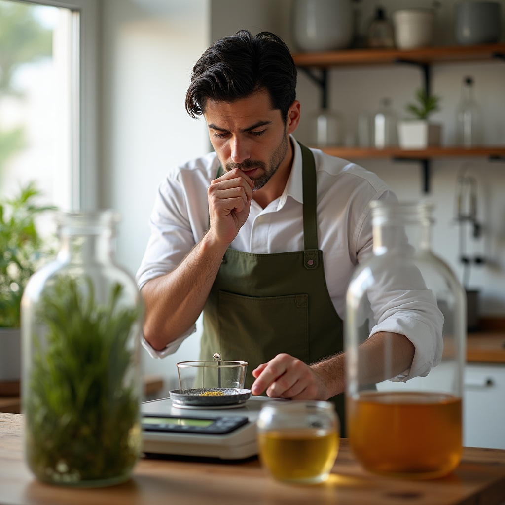 Assistente di laboratorio che prepara soluzioni di tintura naturale