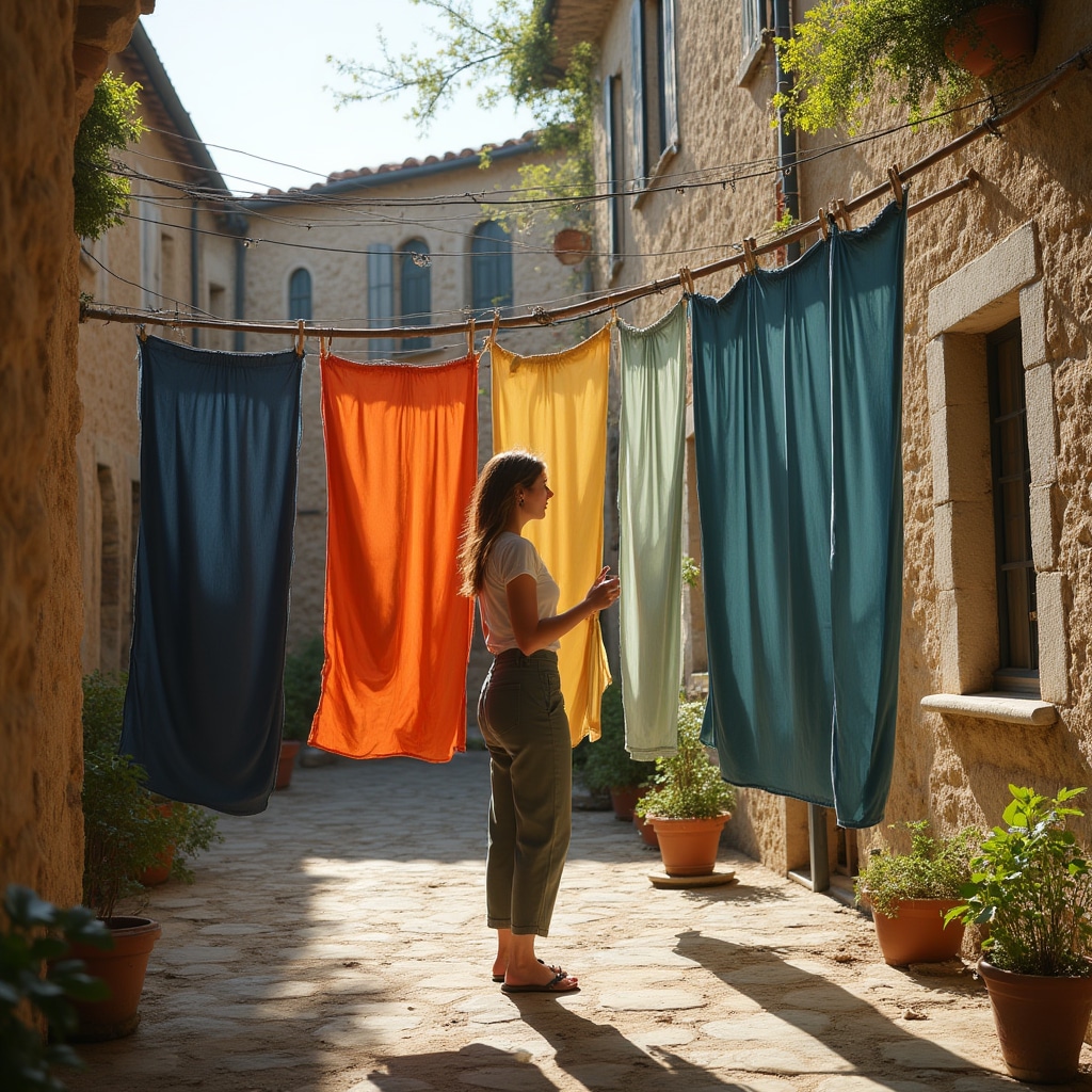 Tessuti tinti con pigmenti naturali appesi ad asciugare in modo corretto